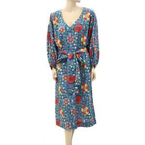 Rhode Resort Floral Printed Shift Midi Dress Cotton Blue Dolman Sleeve M
